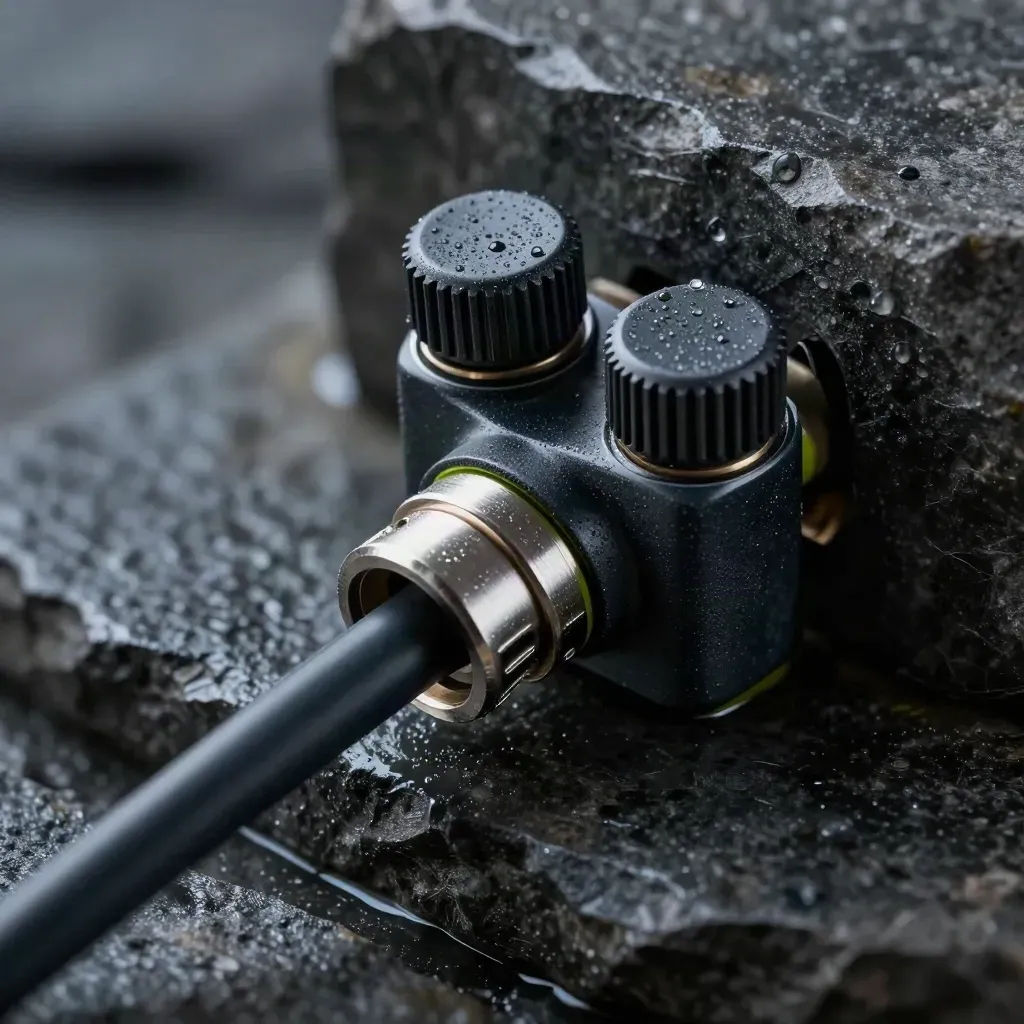 Närbild av CEE-till-Typ 2-adapter på mörk sten med fuktig glans och limeaccent.