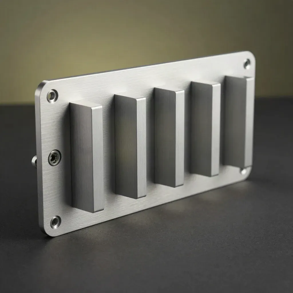 Laddboxfäste i aluminium med skruvkit och distansblock på mörk bakgrund