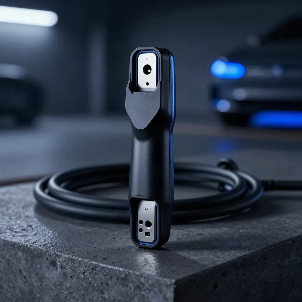 Tesla till Typ 2-adapter på mörk betongplatta med blått sken i bakgrunden