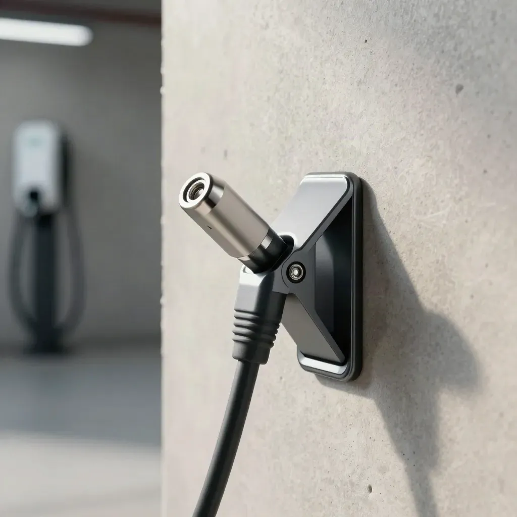 Väggclip för laddkabel monterat på garagevägg med en kabelslinga