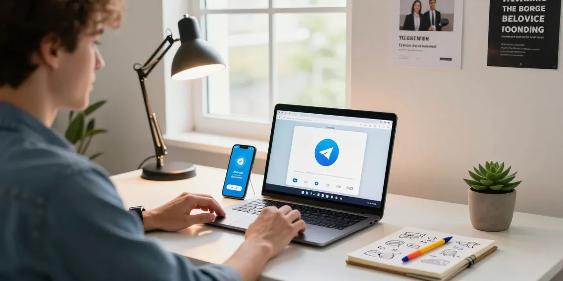 Young adult using Telegram web version in a modern home office, highlighting productivity and remote work.